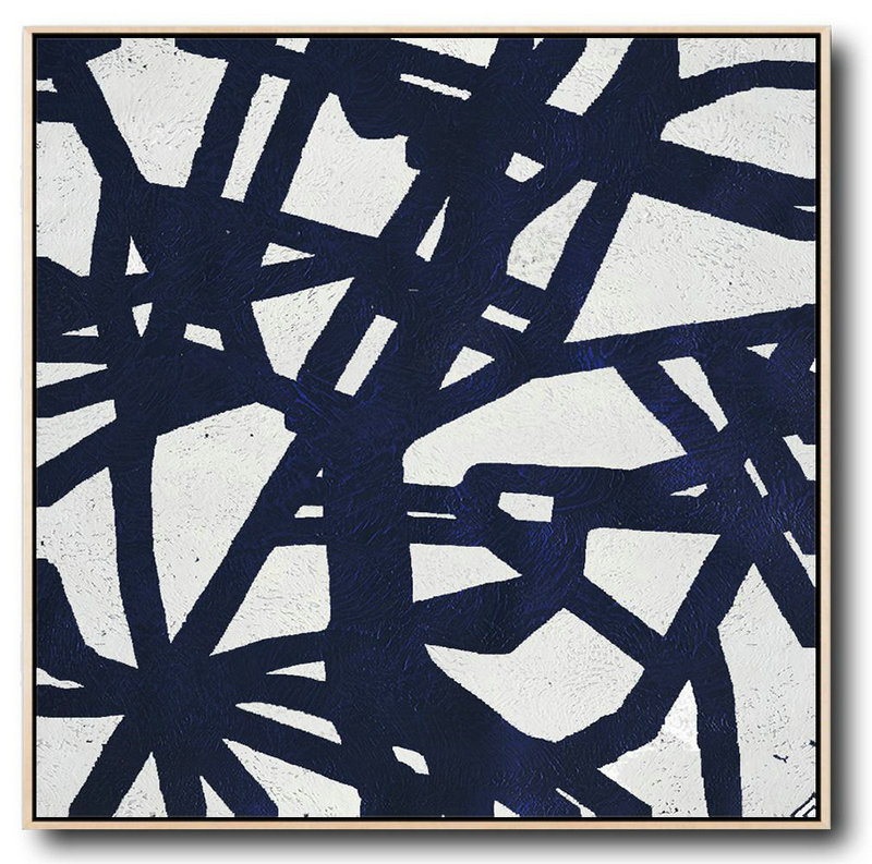 Handmade Extra Large Contemporary Painting,Minimalist Navy Blue And White Painting,Family Wall Decor